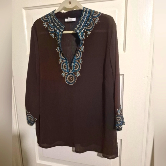 Bohemian Brown Tunic with  Embellishments And Embroidery XL - 23PTP - Picture 1 of 6